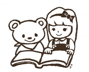 読書を楽しんでる女の子とクマのイラスト